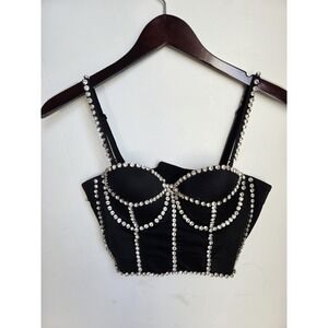 Rhinestone Corset Small‎ Bone Black Satin Cosette Goth Kaylee Kollection Y2K